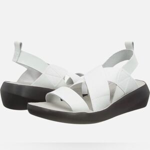 Fly London Baji White Leather Wedge Sandals